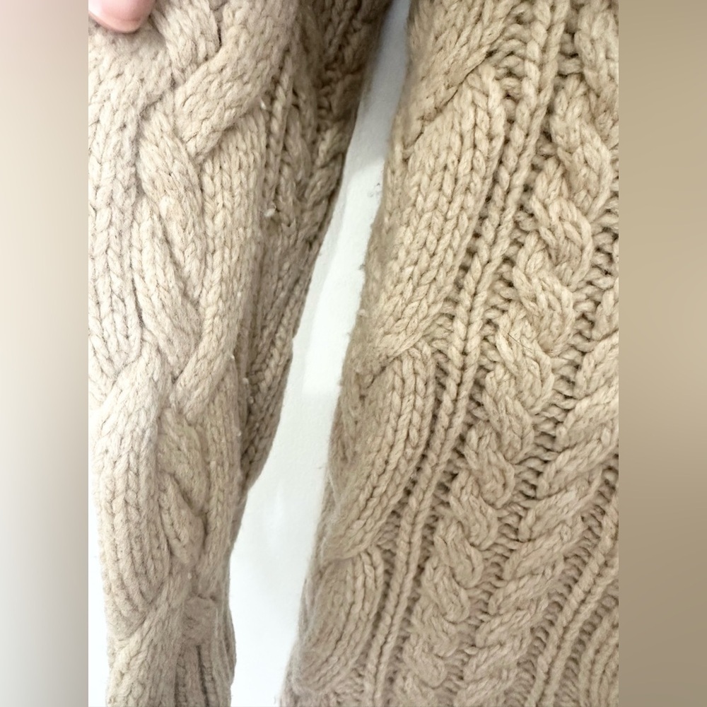 LandsEnd tan cable knit thick heavy cardigan modest winter fisherman Size LP - Picture 5 of 6